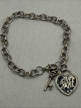 Heart & Key Silver tone untested Heart Initial "M" Charm Bracelet